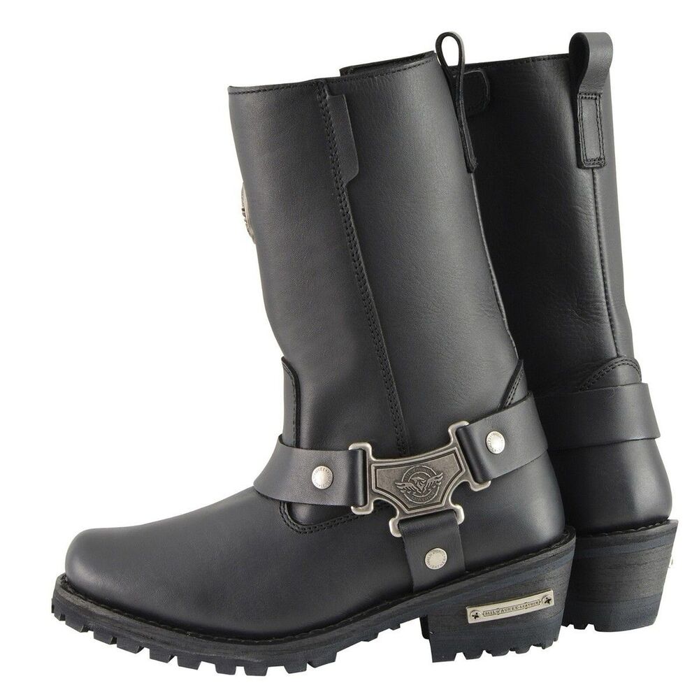 Milwaukee Leather Black Motorcycle Harness Boot Medallion Plate Women’s Sz 10.5